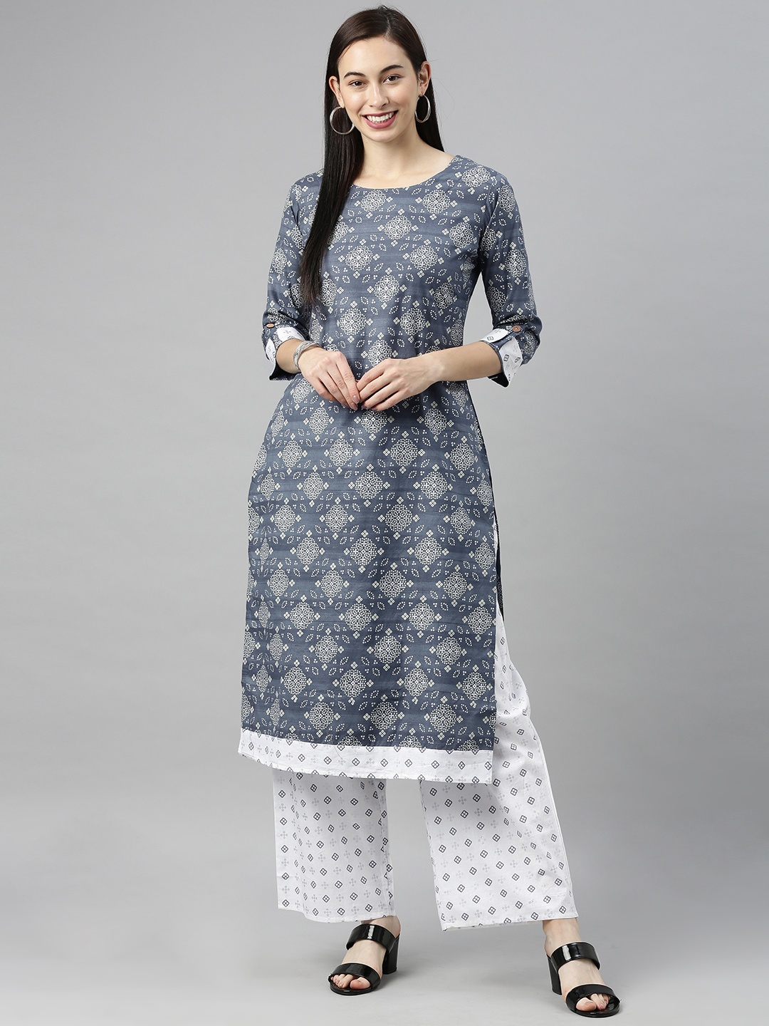 

Blissta Women Grey & White Printed Kurta with Palazzos