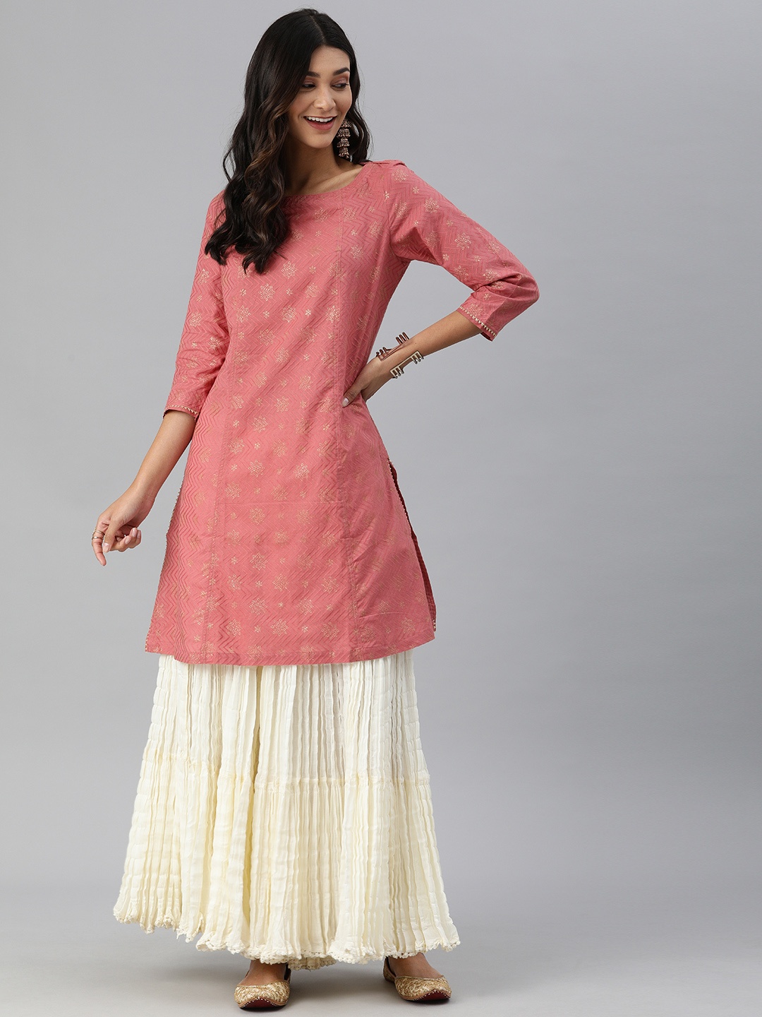 

Fabindia Women Pink & Off-White Pure Cotton Woven Design Kurta with Sharara