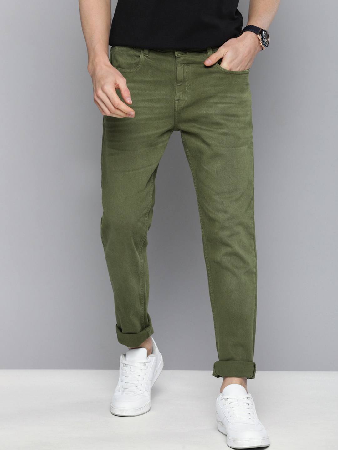 

Mast & Harbour Men Olive Green Slim Tapered Fit Mid-Rise Clean Look Stretchable Jeans