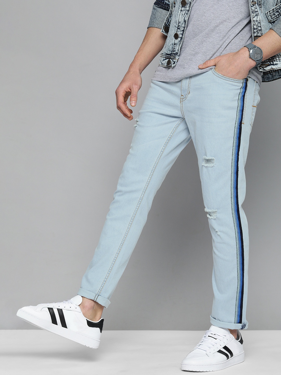 

Mast & Harbour Men Blue Skinny Fit Mid-Rise Clean Look Jeans with Side Stripes