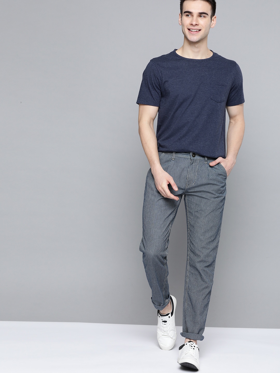 

Mast & Harbour Men Navy Blue & White Slim Fit Striped Regular Trousers