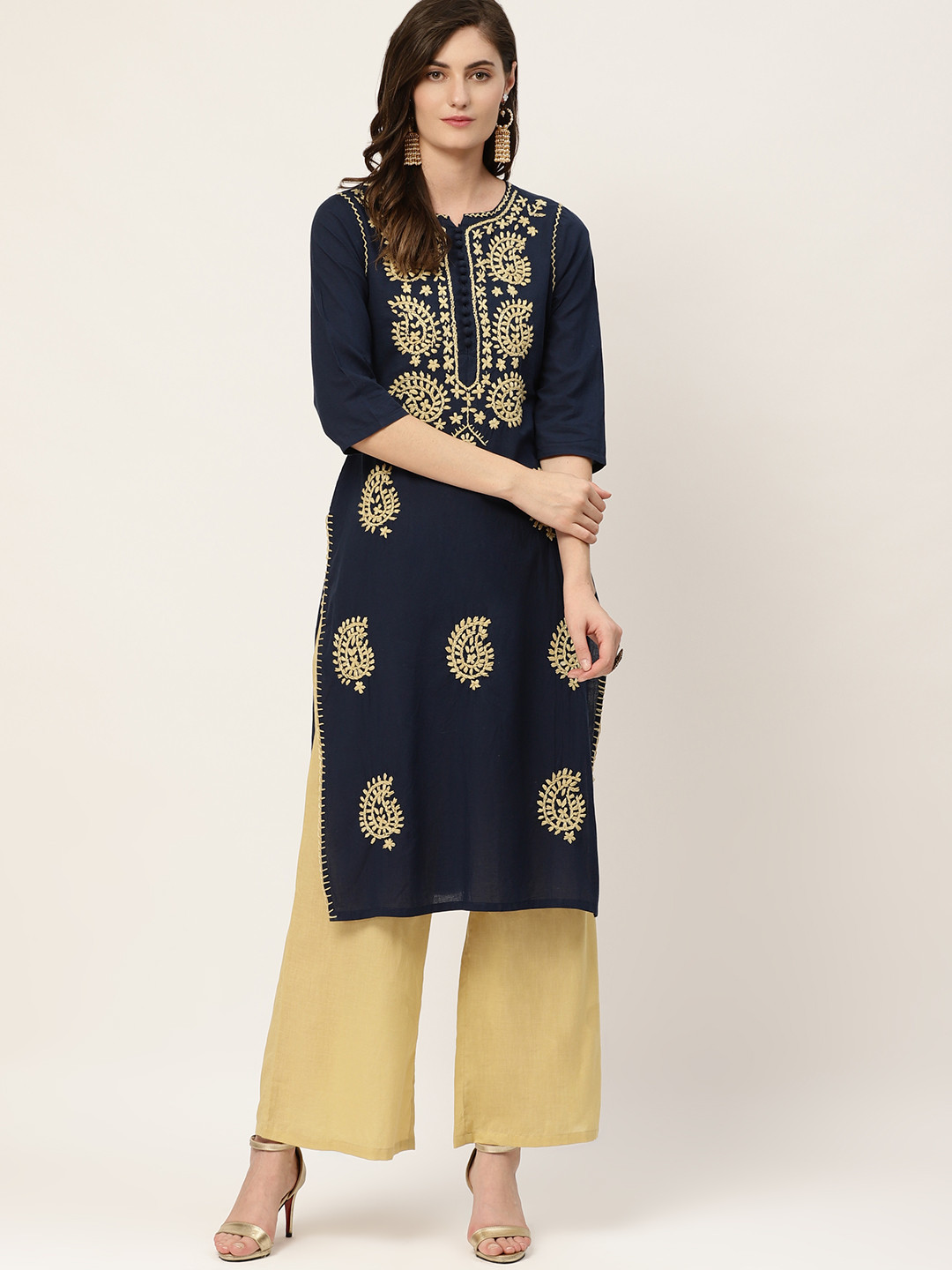 

Moda Rapido Women Navy Blue & Beige Cotton Chikankari Embroidered Straight Kurta