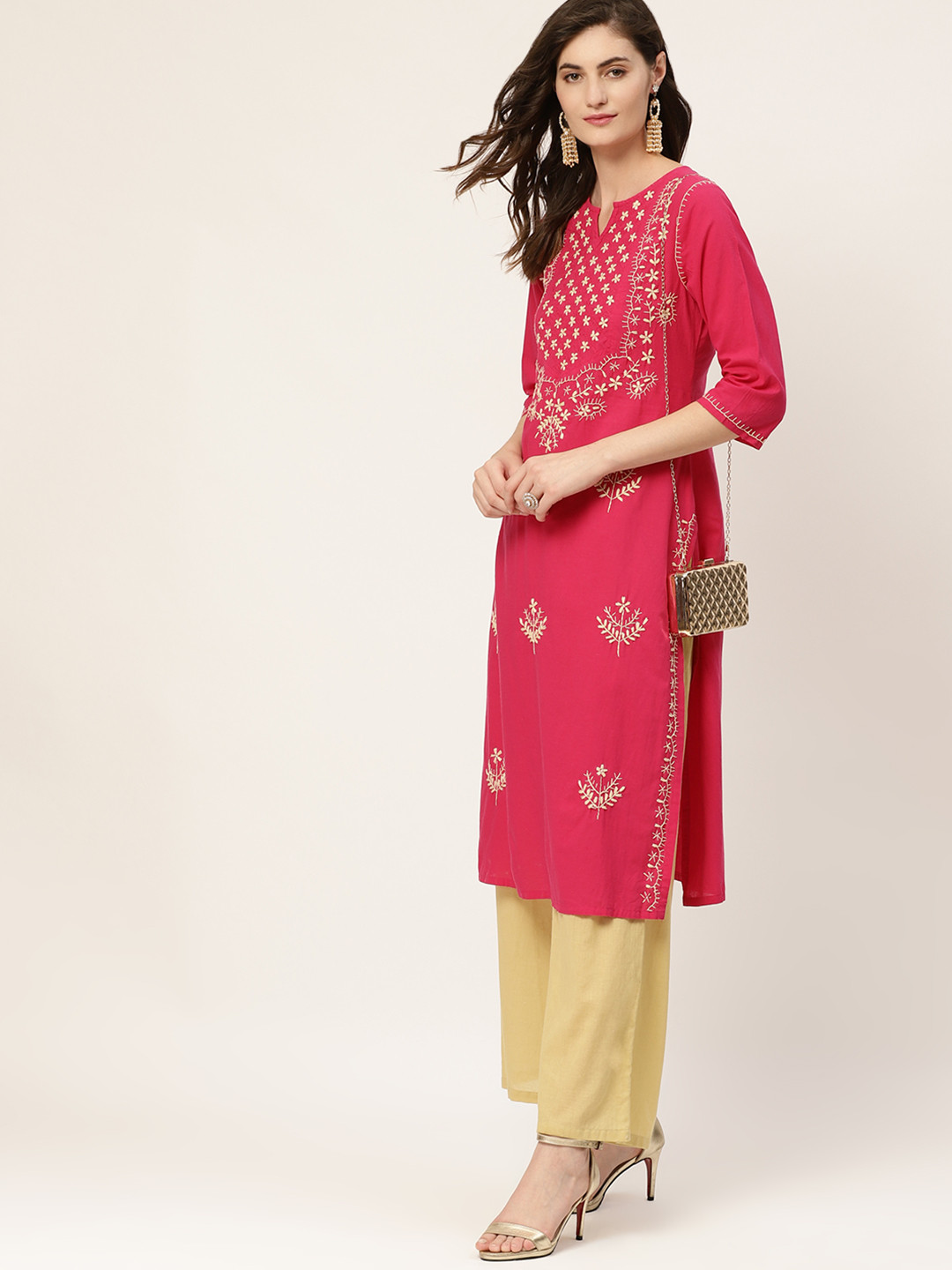 

Moda Rapido Women Pink & Beige Cotton Chikankari Embroidered Kurta with Palazzos