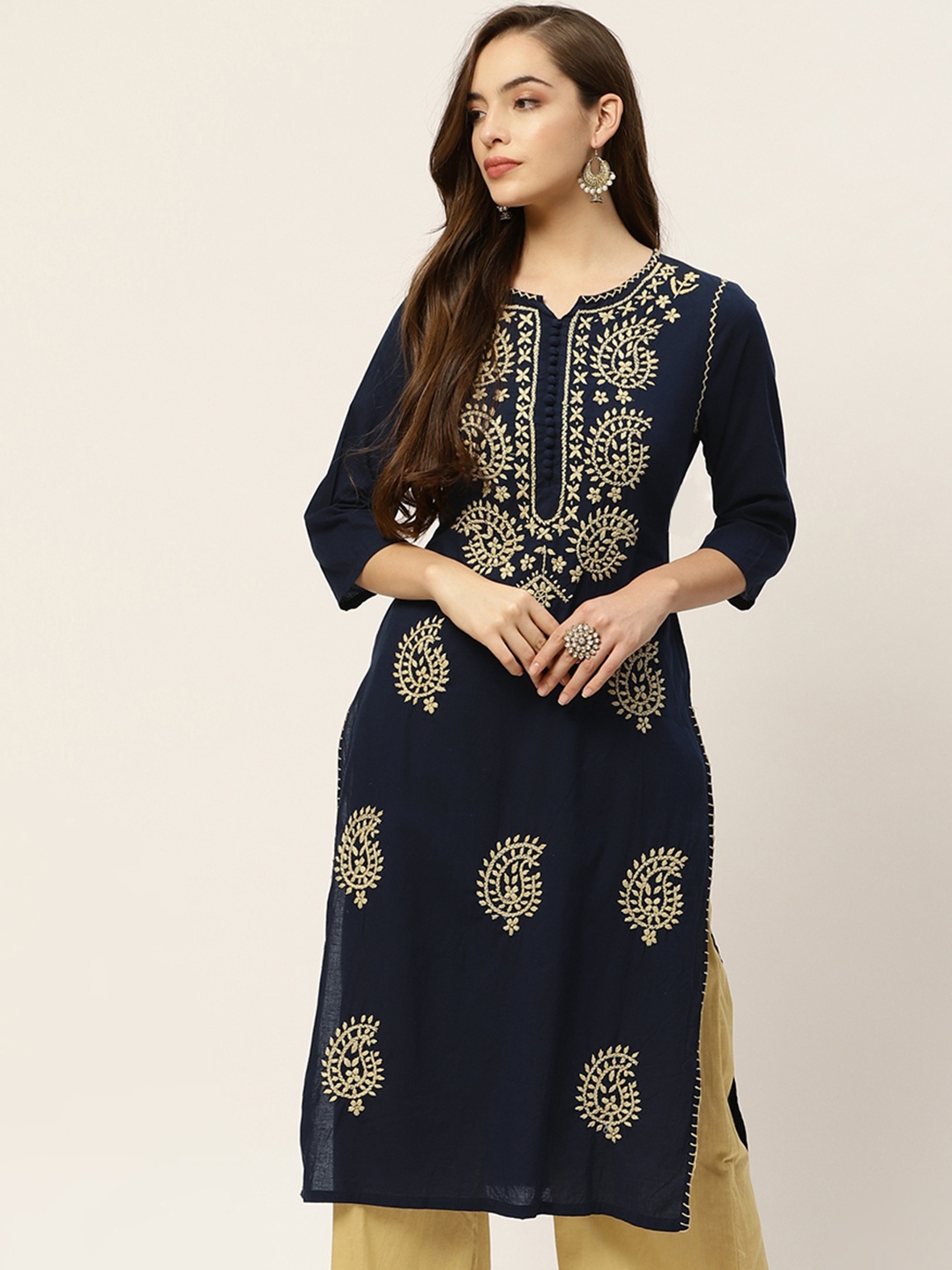 

Moda Rapido Women Navy Blue & Golden Embroidered Pure Cotton Kurta With Palazzos