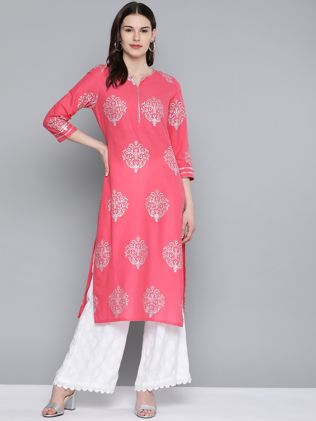 

HERE&NOW Women Pink & Silver Pure Cotton Printed Straight Kurta