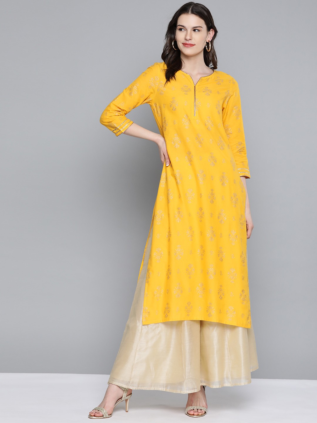 

HERE&NOW Women Mustard Yellow & Golden Pure Cotton Printed Straight Kurta