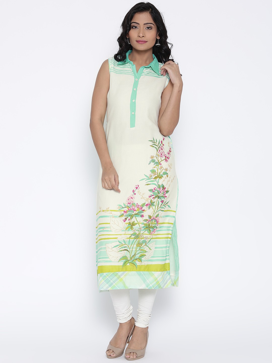 

BIBA Off-White & Sea Green Printed A-Line Kurta