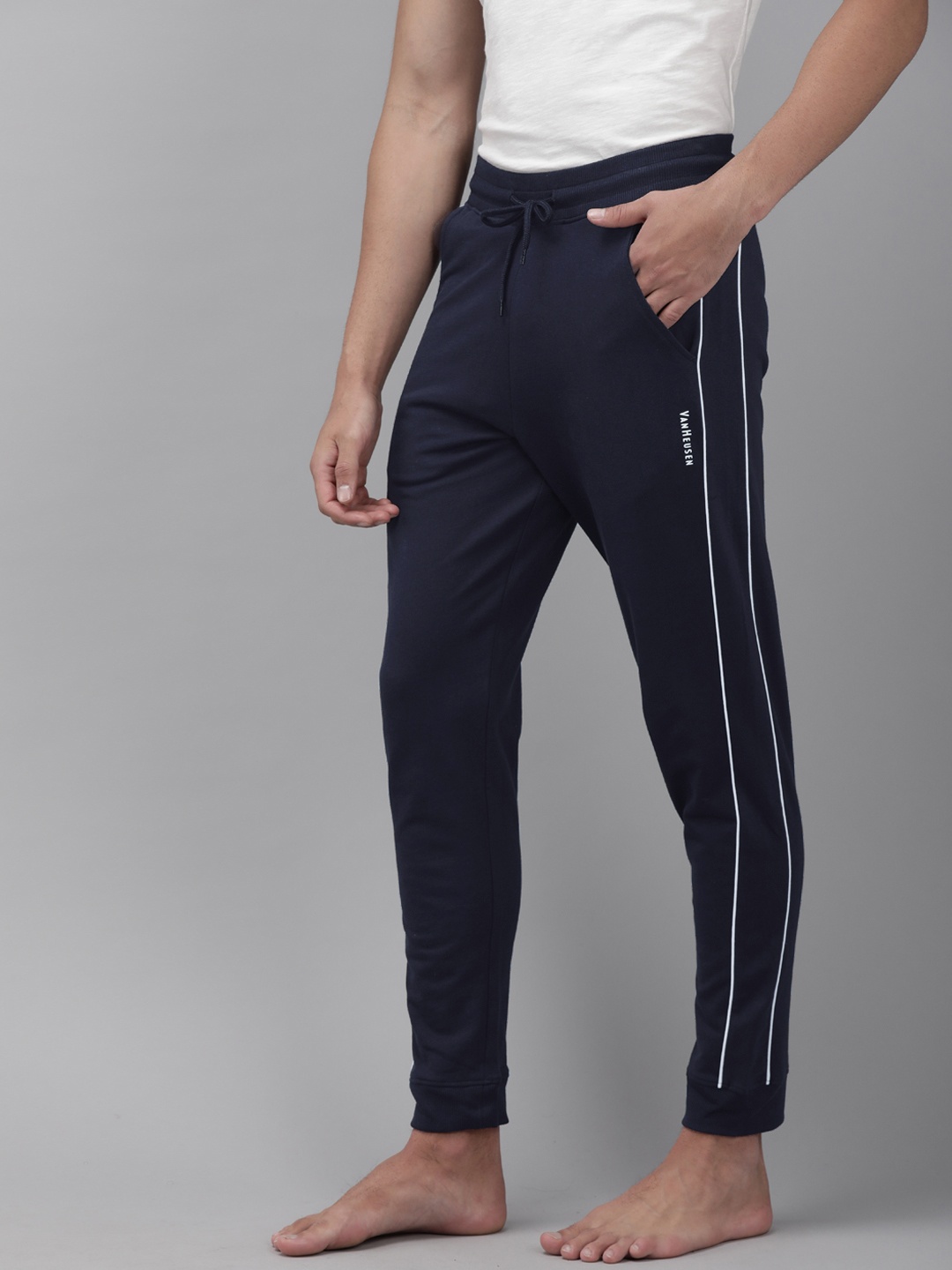 

Van Heusen Men Navy Blue Solid Pure Cotton Lounge Pants With Side Taping
