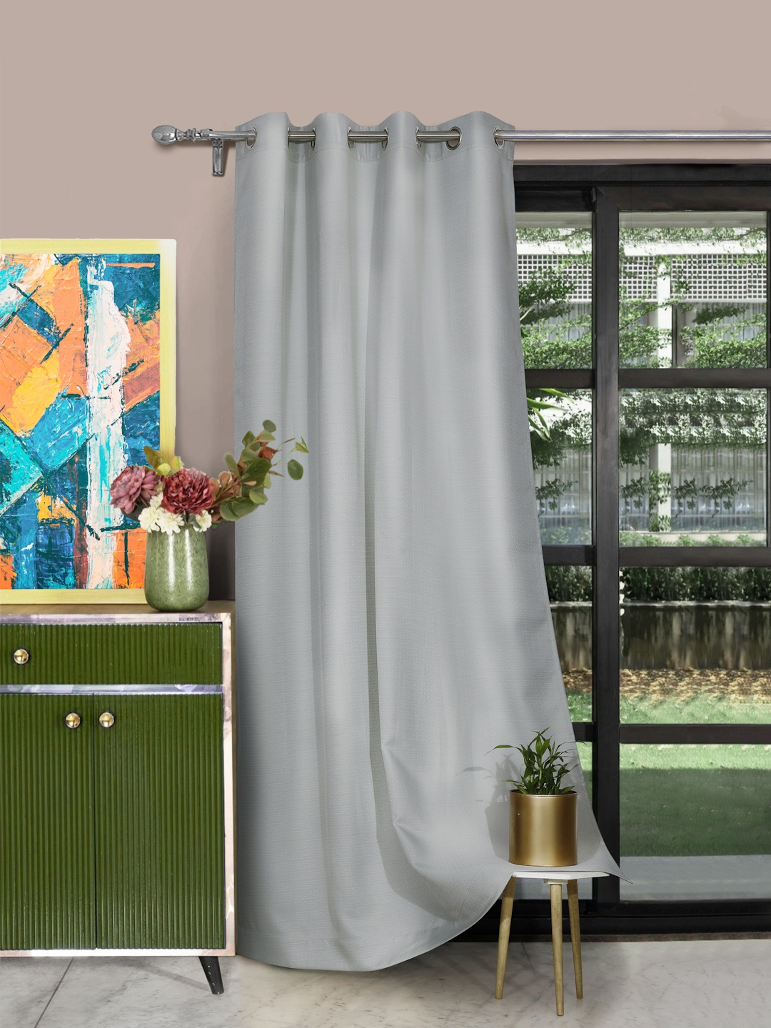 ROSARA HOME Grey Solid Door Eyelet Single Door Curtain