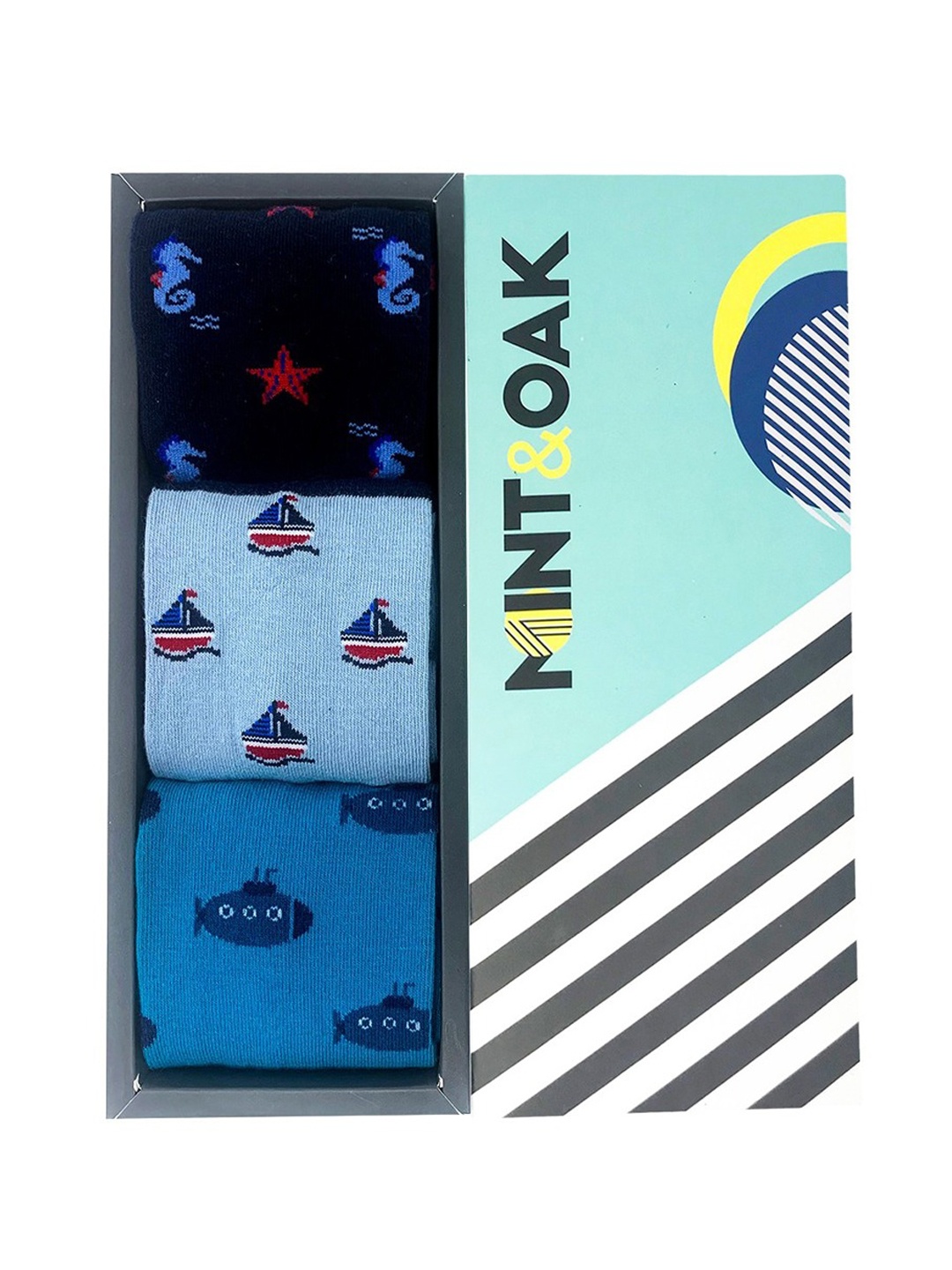 

Mint & Oak Men Set of 3 Patterned Cotton Socks, Blue