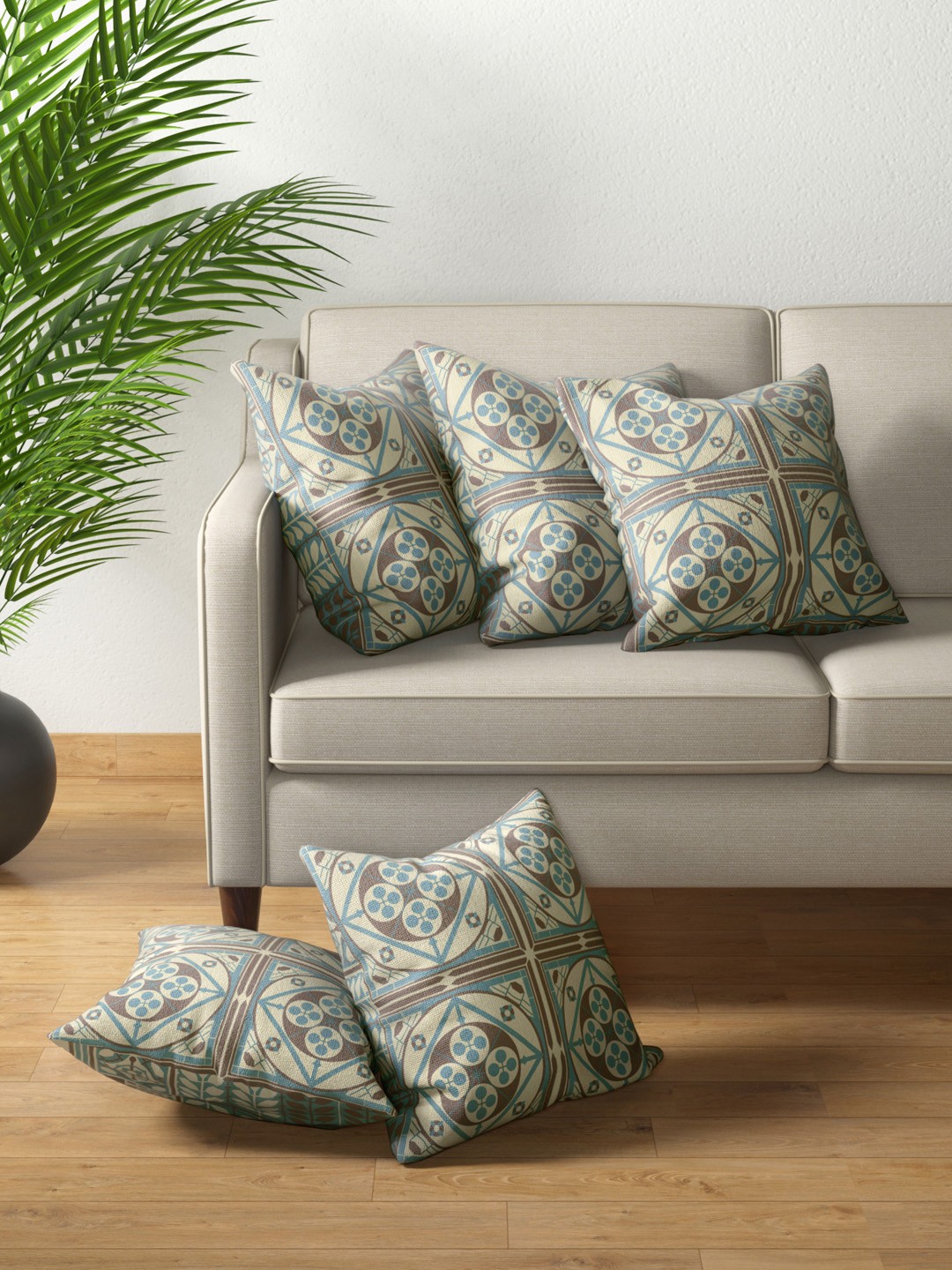 

PETAL HOME Strasbourg Beige & Brown Set of 5 Geometric Square Cushion Covers