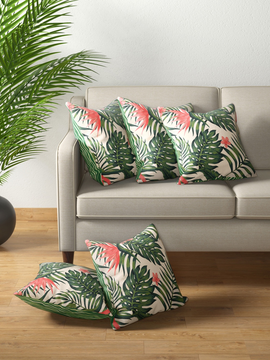 

PETAL HOME Set of 5 Off White & Green Floral Printed Hawai Square Cushion Covers