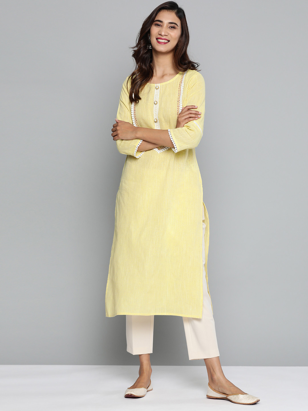 

HERE&NOW Women Yellow Yoke Design Straight Kurta