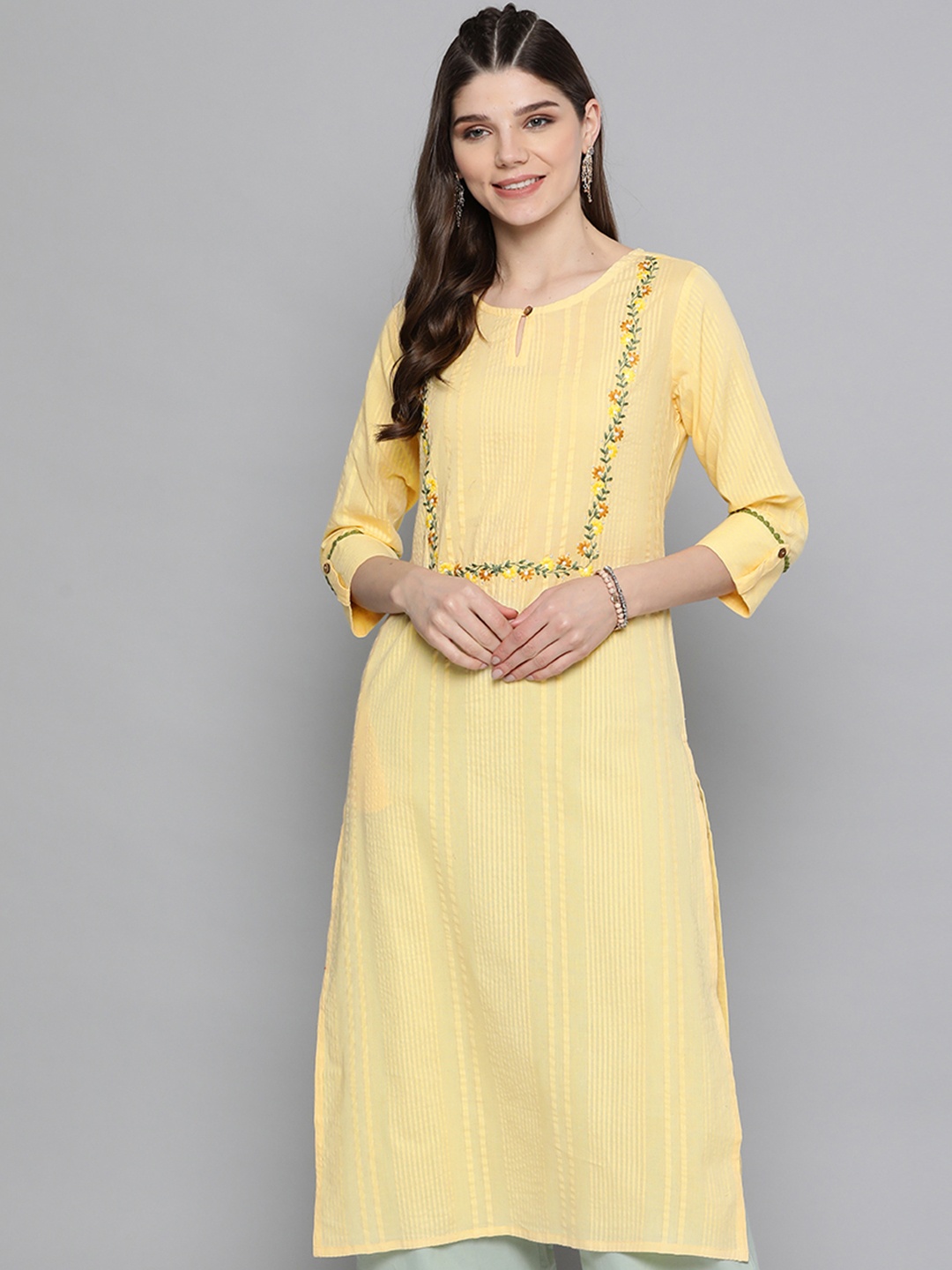 

Here&now Women Yellow Self-Striped Keyhole Neck Embroidered Pure Cotton Straight Kurta