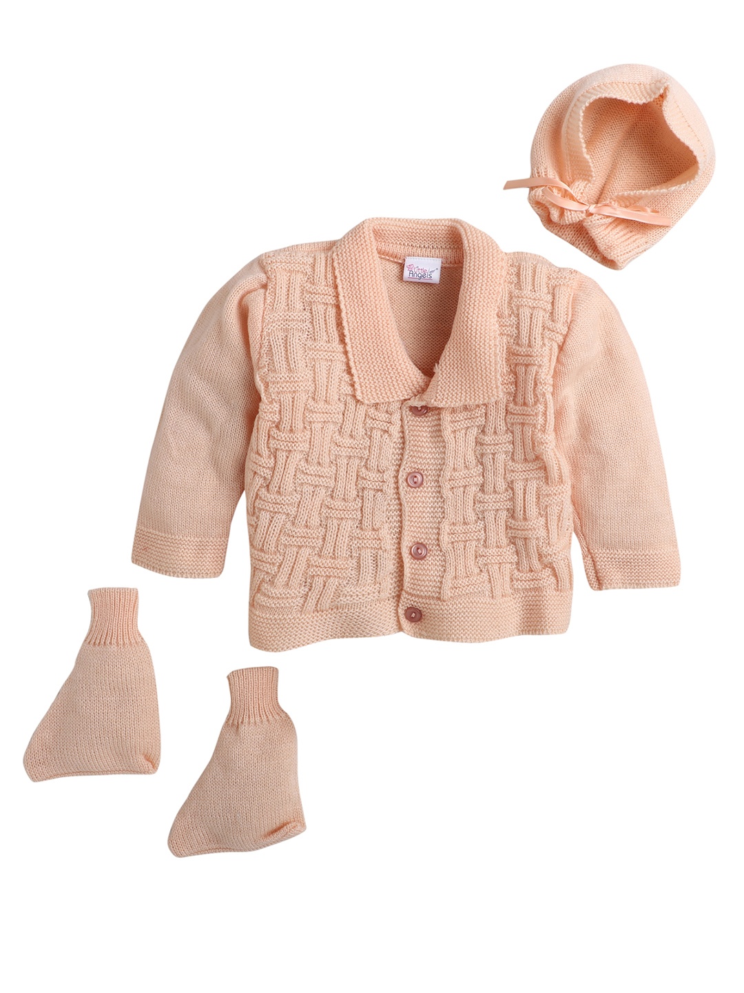 

Little Angels Unisex Kids Peach Self Design Sweater With Socks