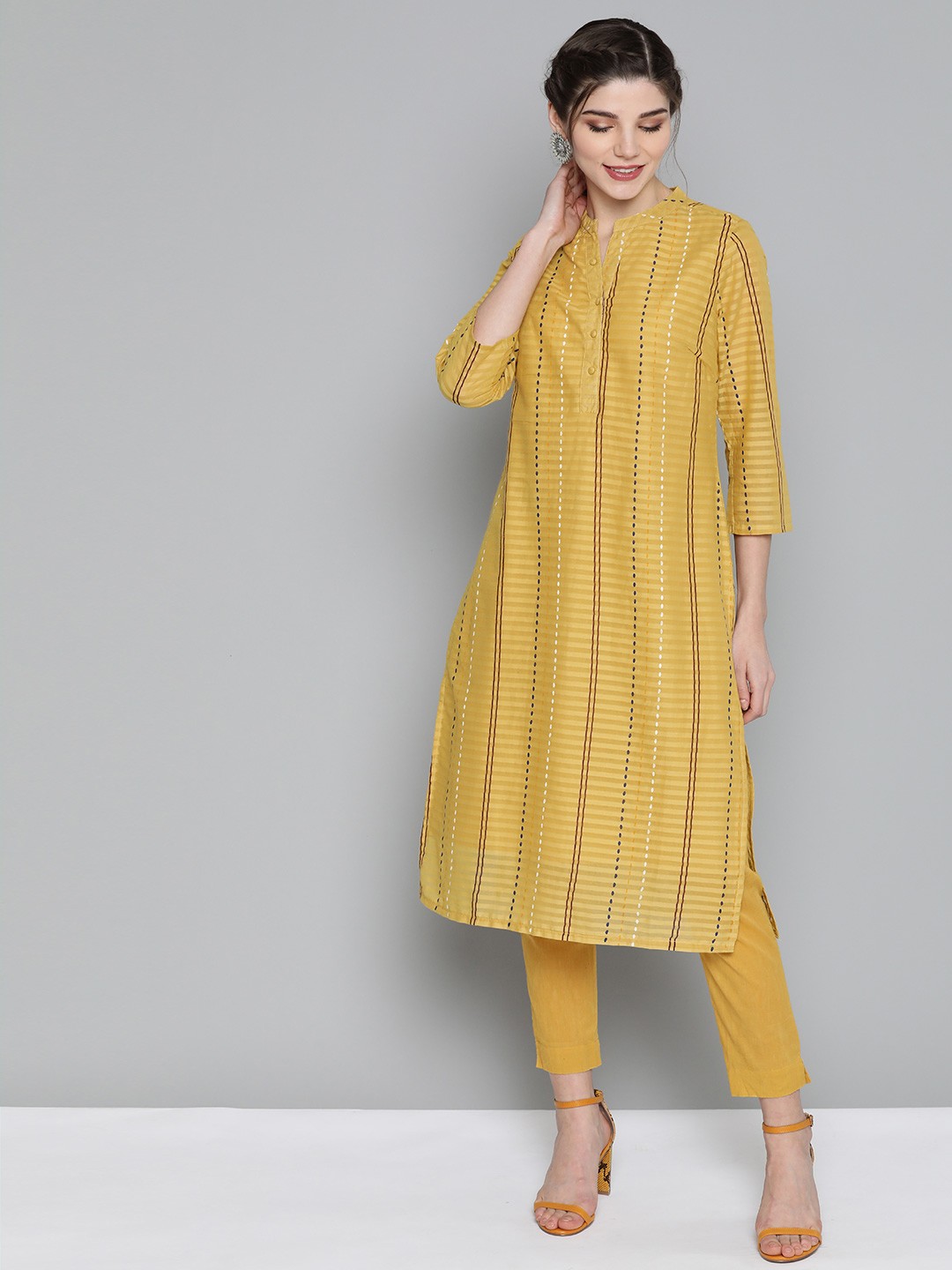 

HERE&NOW Women Mustard Yellow & Navy Blue Striped Straight Kurta