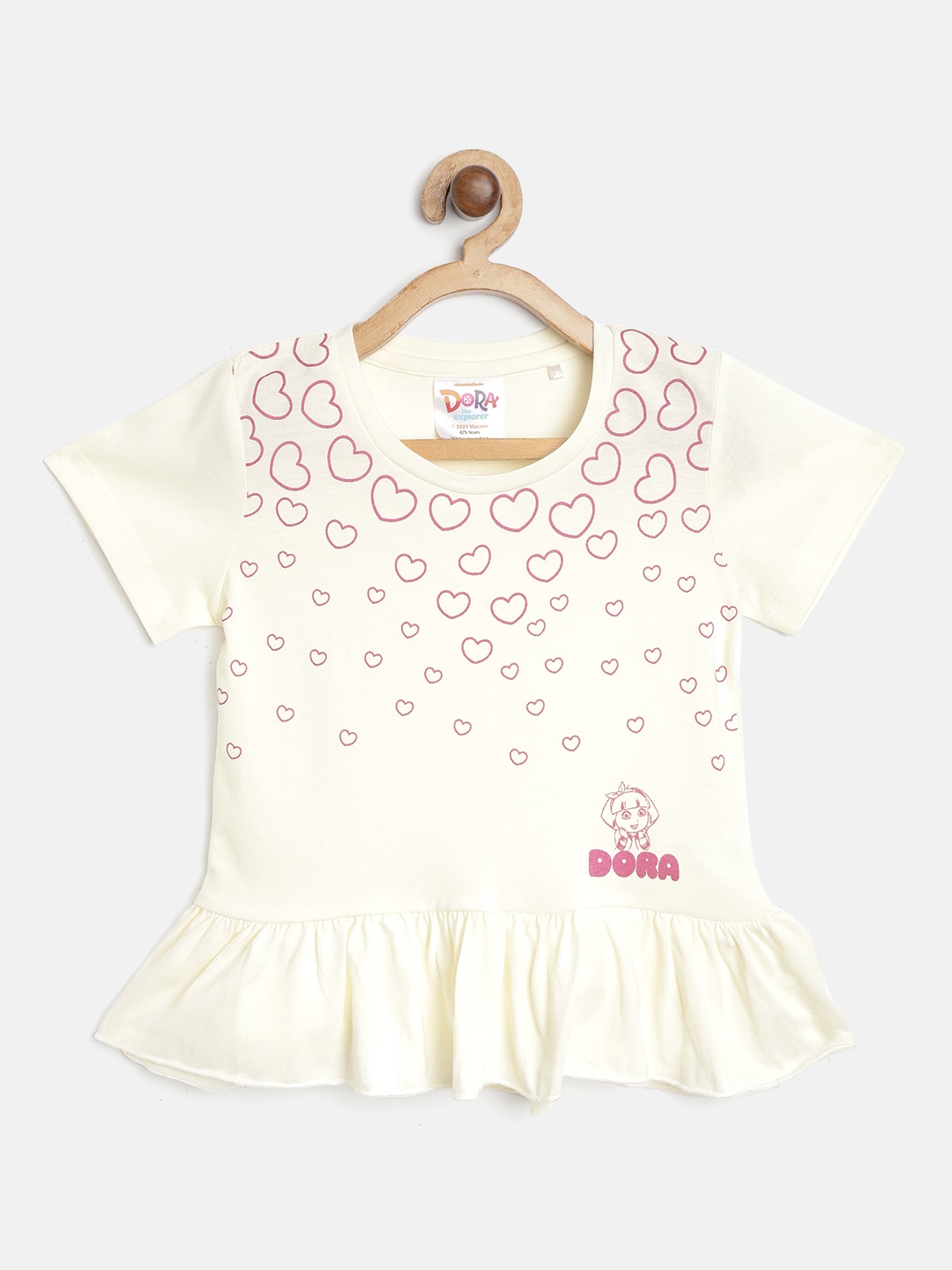 

toothless Girls Off-White & Pink Pure Cotton Heart Printed A-Line Top