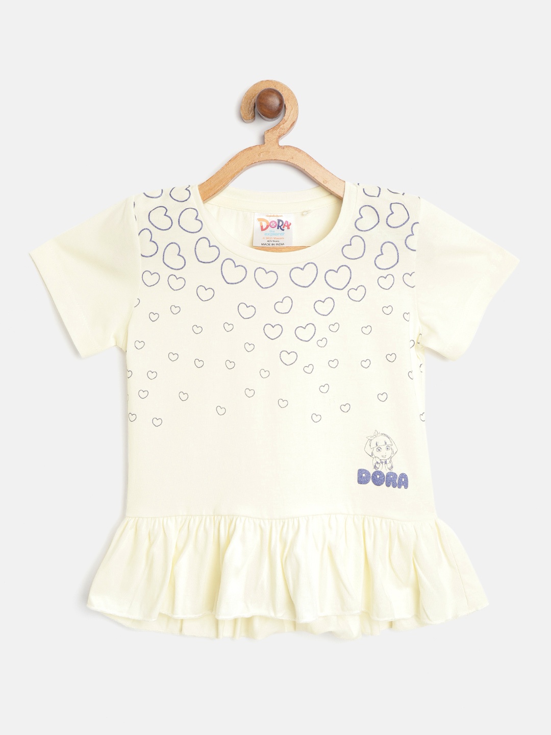 

Dora Girls Off-White & Navy Blue Pure Cotton Heart & Dora Printed A-Line Top