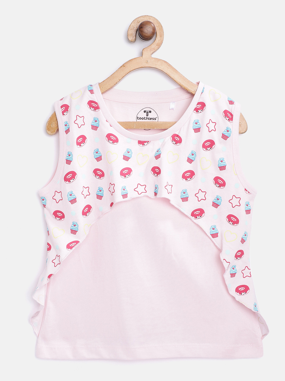 

toothless Girls Pink & Red Donut Print Layered Pure Cotton A-Line Top