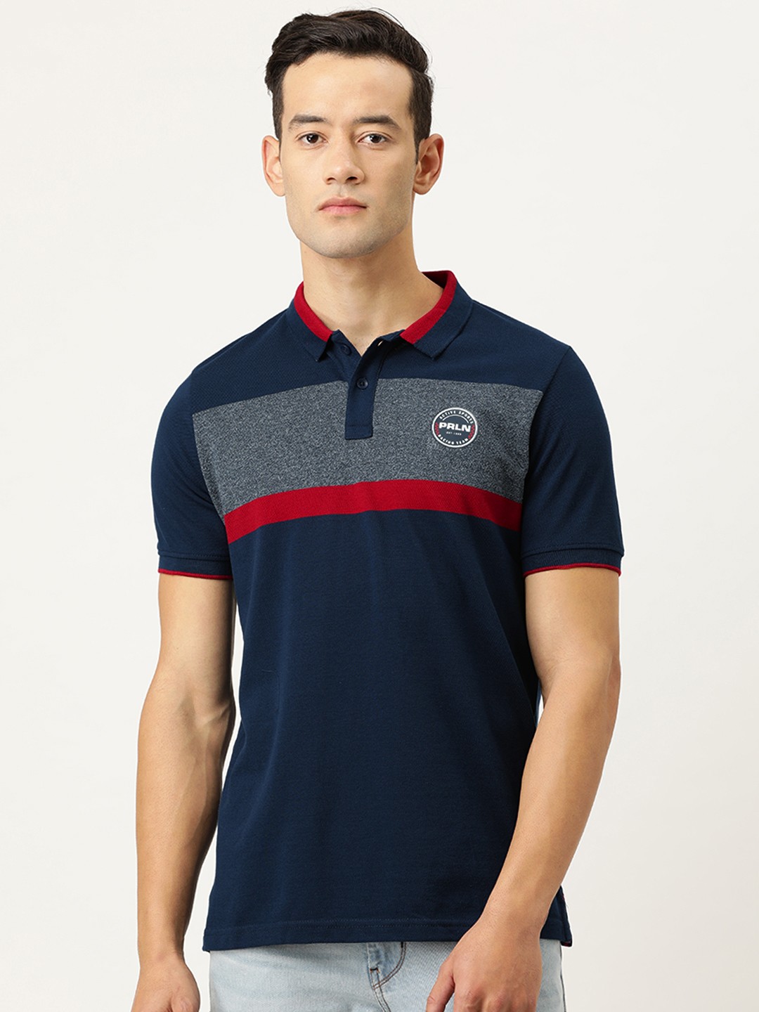 

Proline Active Men Navy Blue Striped Polo Collar Pure Cotton T-shirt