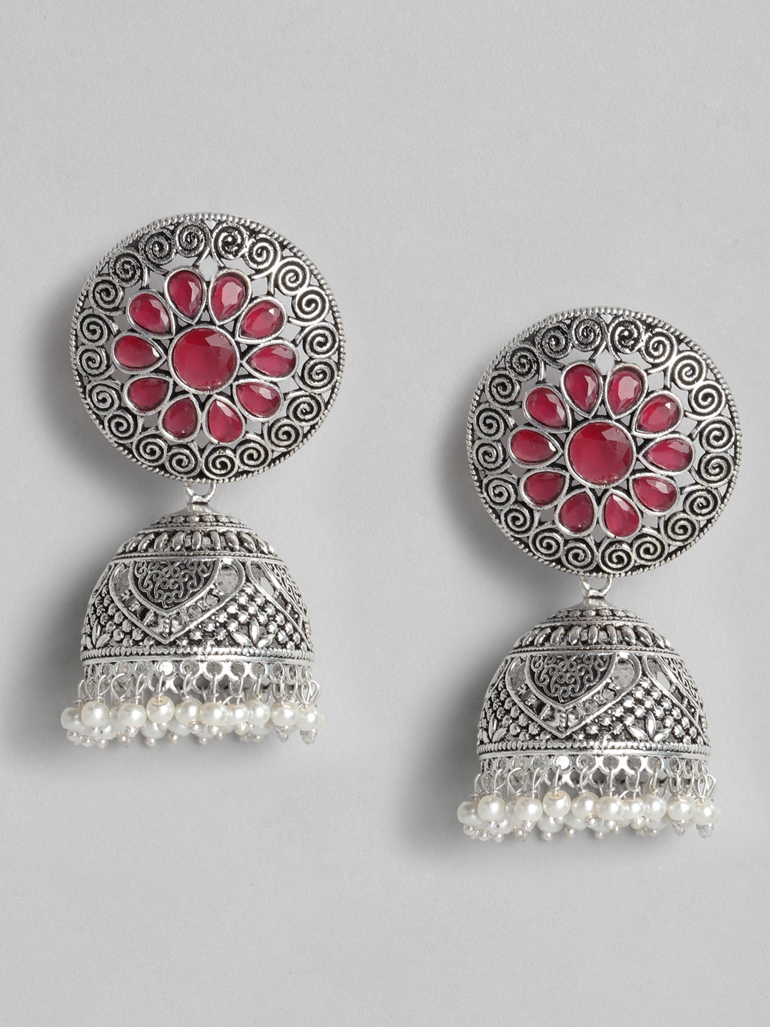

justpeachy Red Oxidised Silver-Plated Studded Dome Shaped Jhumkas