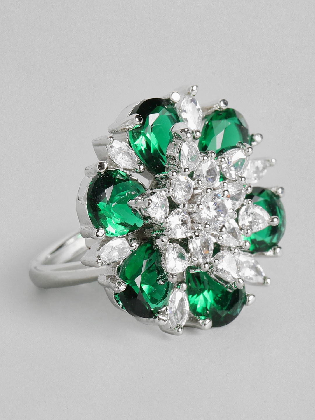 

justpeachy Green & Silver-Toned Rhodium-Plated AD Studded Adjustable Finger Ring