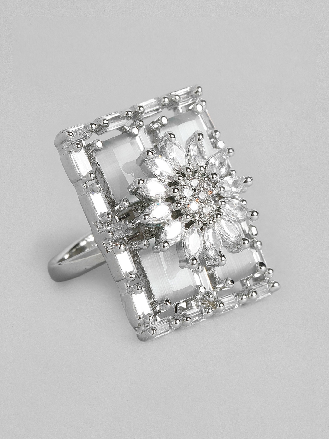 

justpeachy Silver-Toned Rhodium-Plated AD Studded Finger Ring