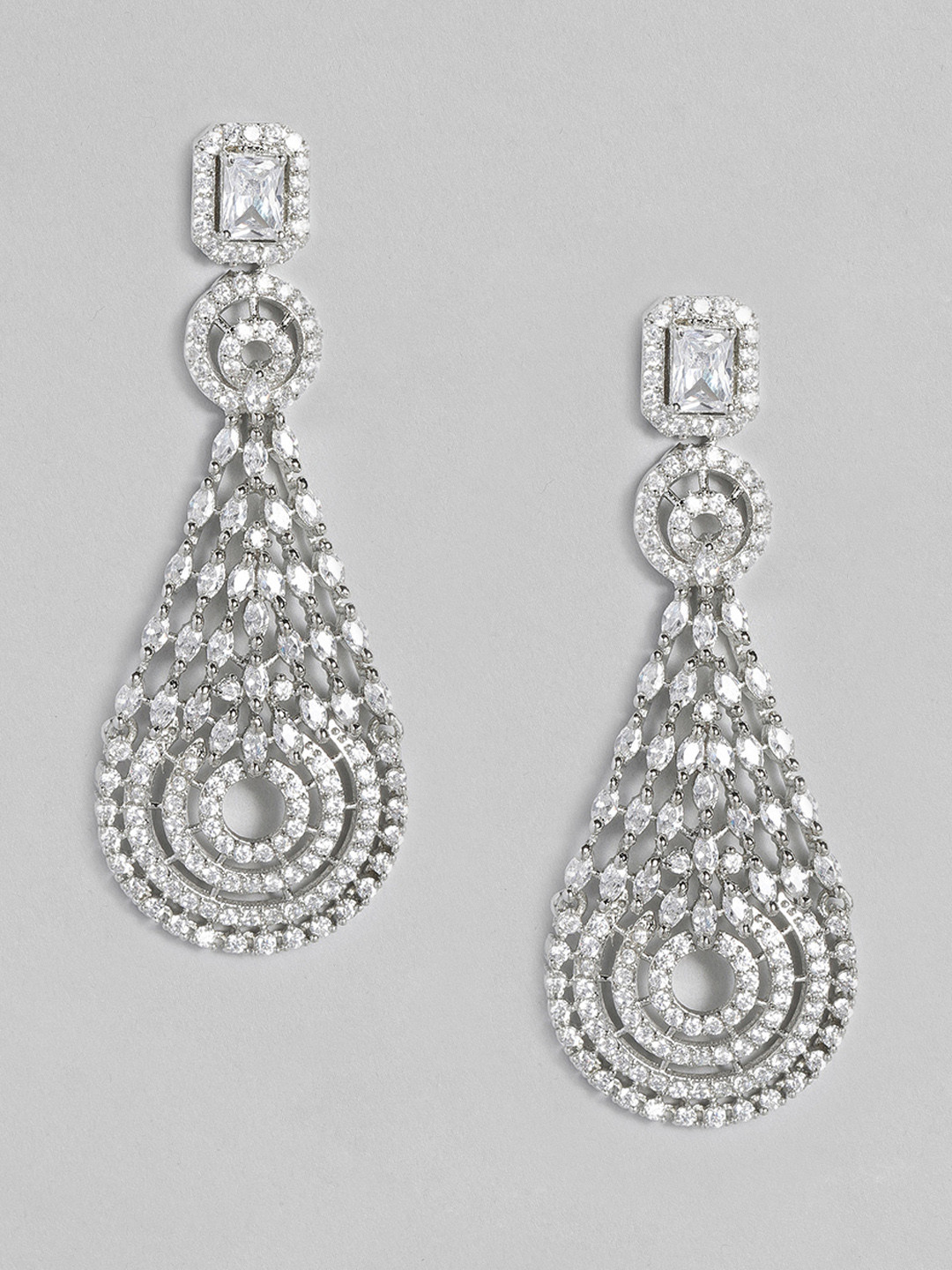 

justpeachy White Rhodium-Plated Teardrop Shaped Drop Earrings