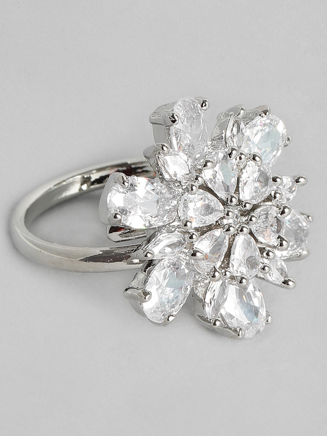 

justpeachy White Rhodium-Plated AD Studded Floral Adjustable Finger Ring