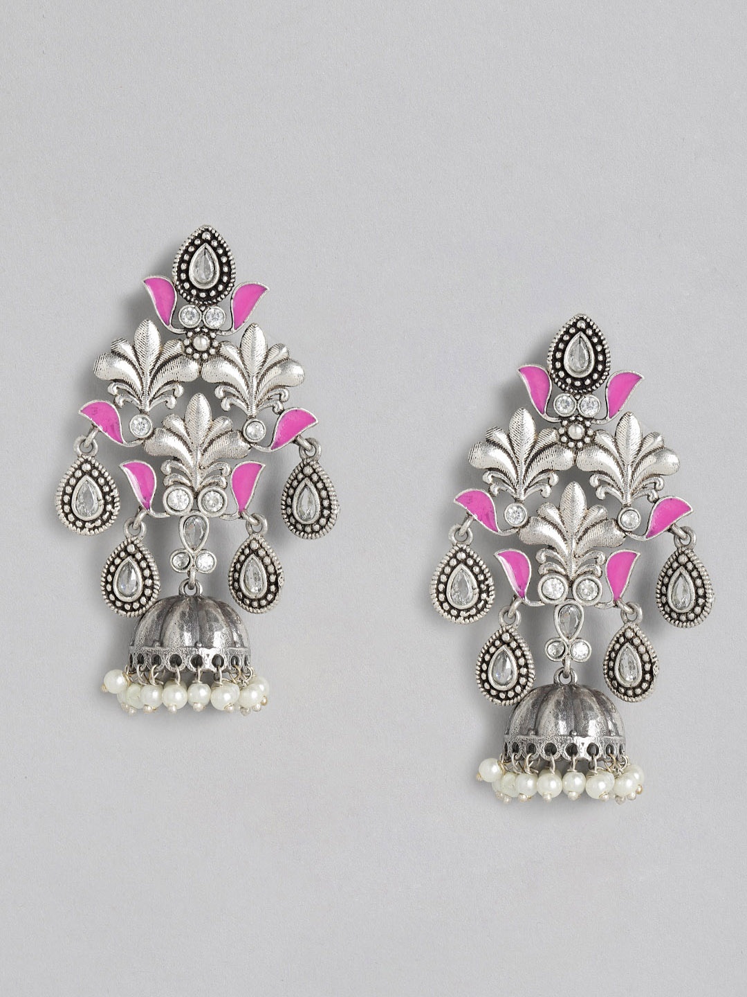 

justpeachy Pink Silver-Plated Enamelled Studded Dome Shaped Jhumkas