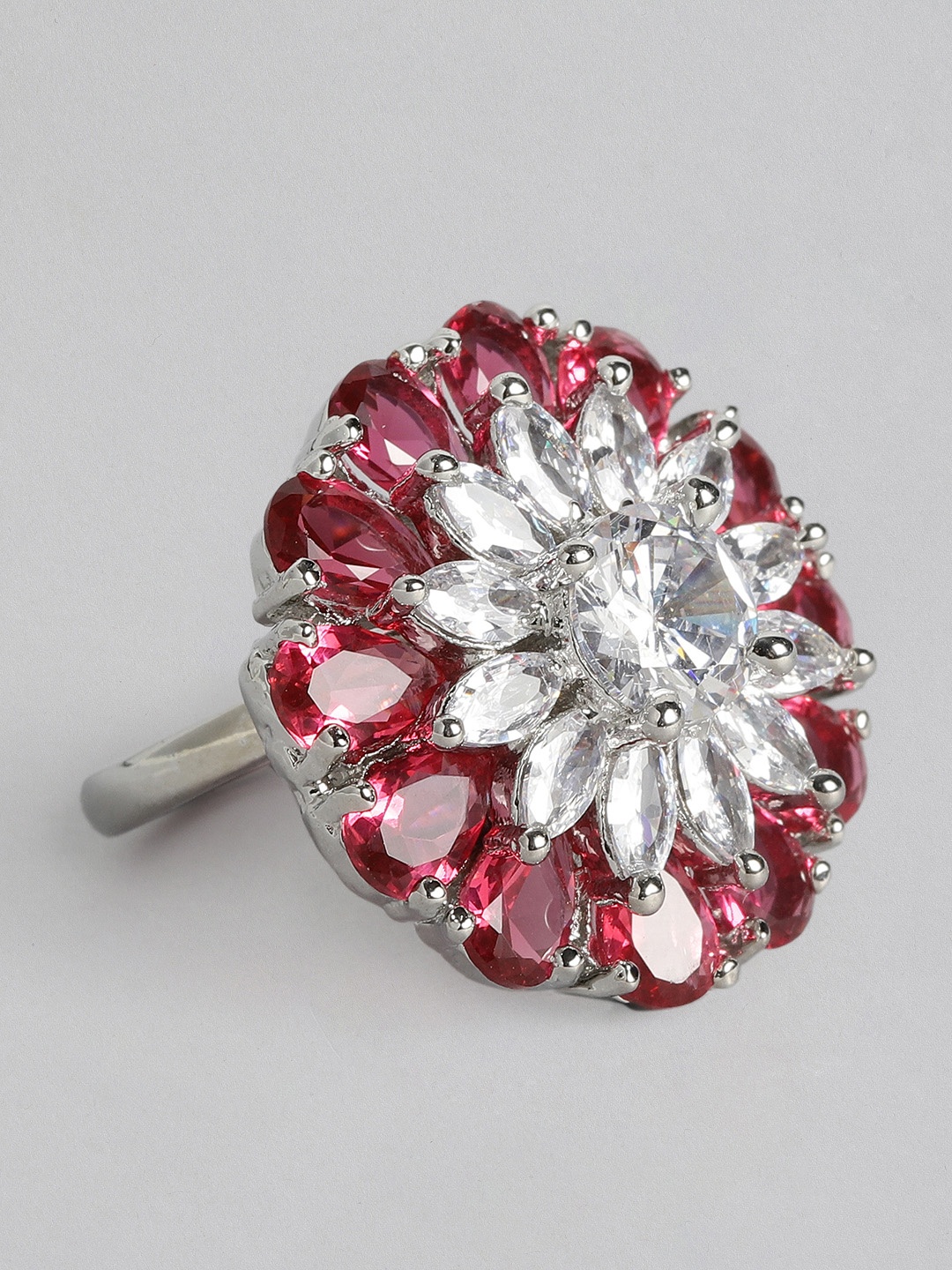 

justpeachy Red & Silver-Toned Rhodium-Plated AD Studded Adjustable Finger Ring