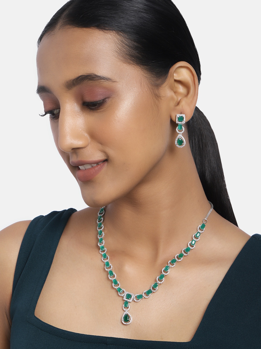 

justpeachy Green & White Rhodium Plated AD Studded Jewellery Set