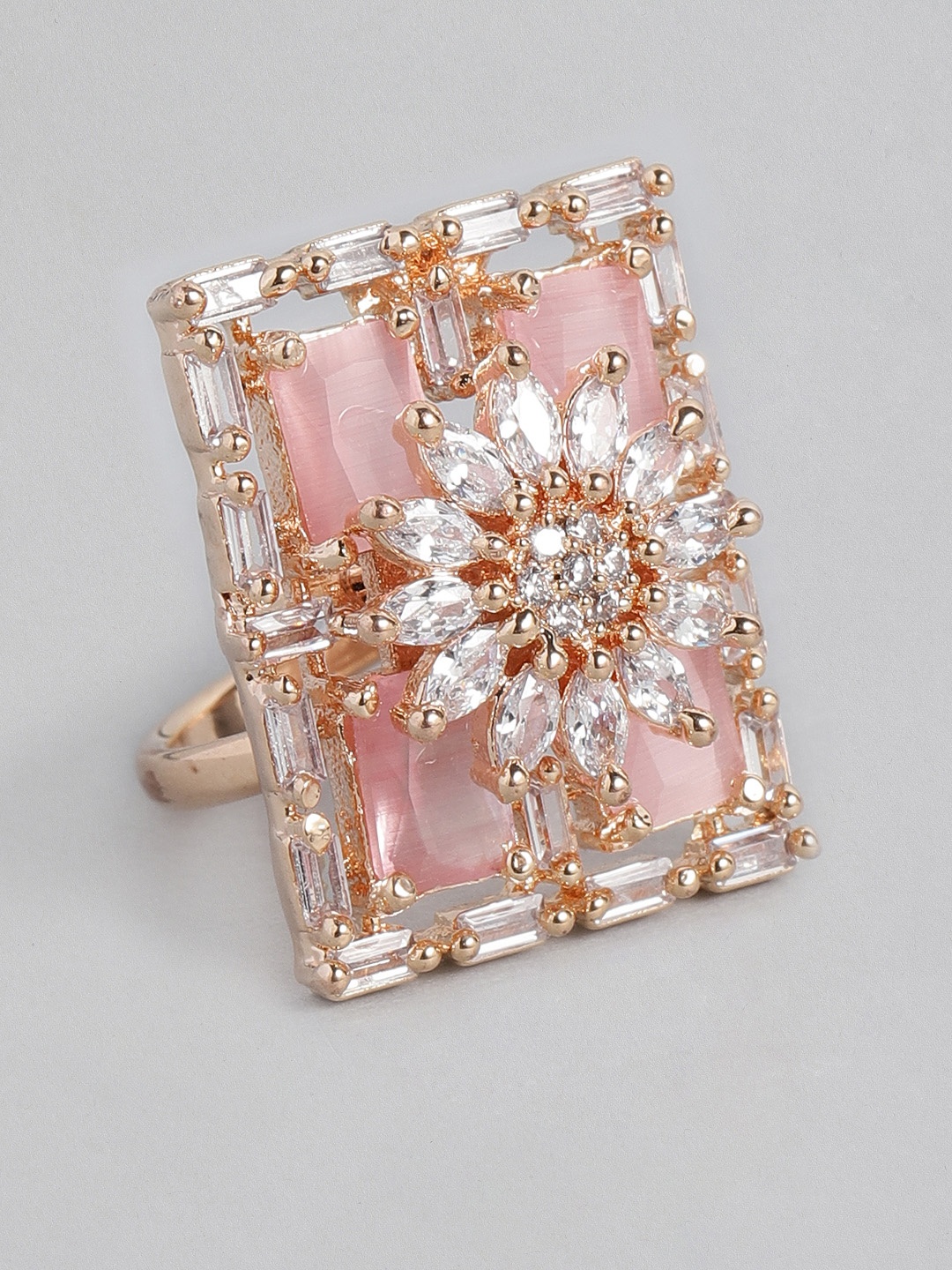 

justpeachy Pink Rose Gold Plated Stone Studded Square Shape Non-Adjustable Finger Ring