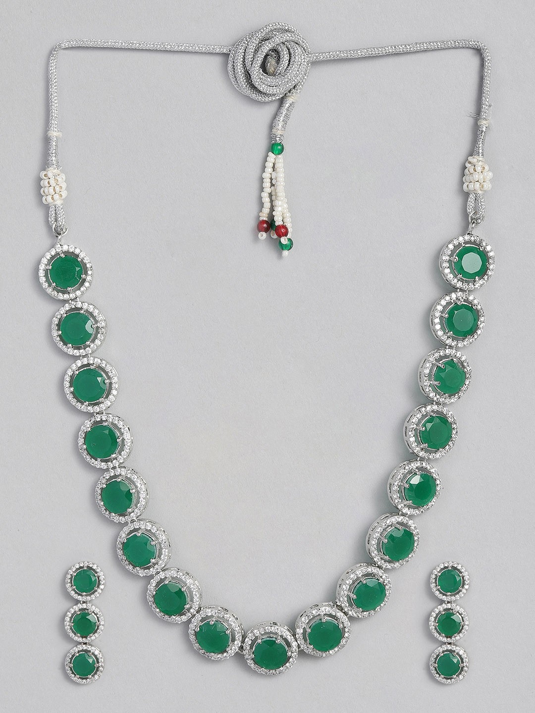

justpeachy Green & White Silver-Plated American Diamond Studded Jewellery Set