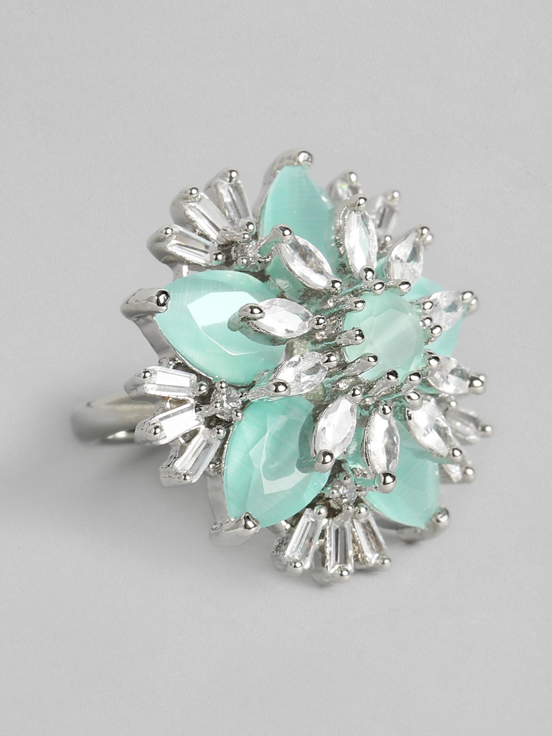 

justpeachy Blue & Silver-Toned Rhodium-Plated AD Studded Adjustable Finger Ring