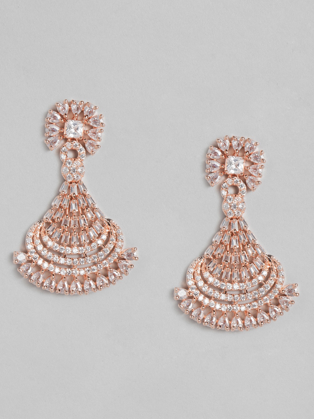 

justpeachy White Rose Gold-Plated American Diamond Studded Drop Earrings