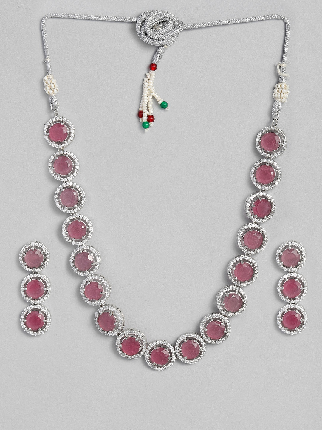 

justpeachy Pink & White Silver-Plated American Diamond Studded Jewellery Set