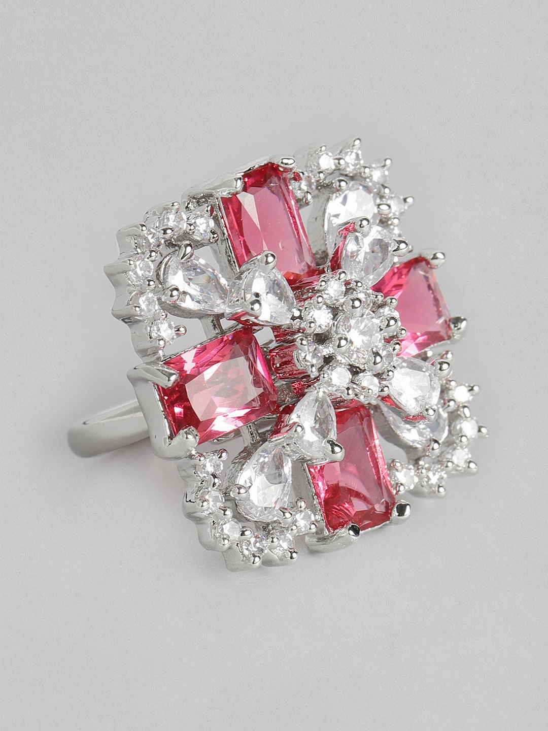 

justpeachy Silver-Toned & Red Rhodium-Plated Embellished Finger Ring