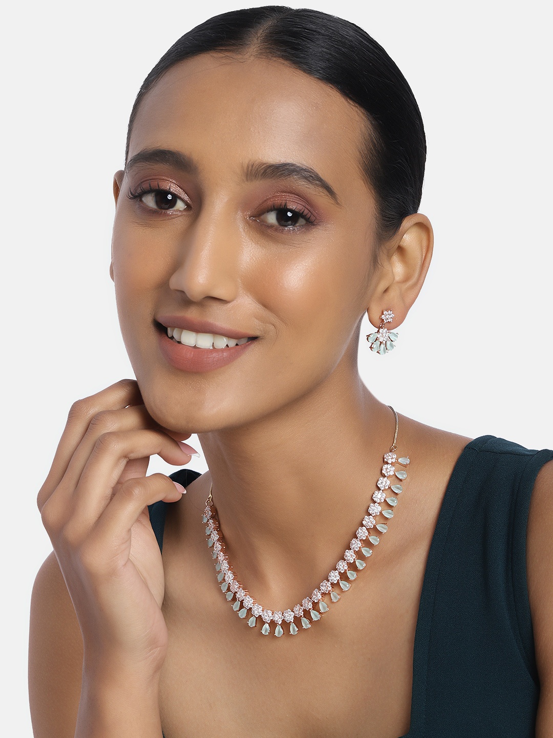 

justpeachy Mint Green & White Gold-Plated AD Studded Jewellery Set