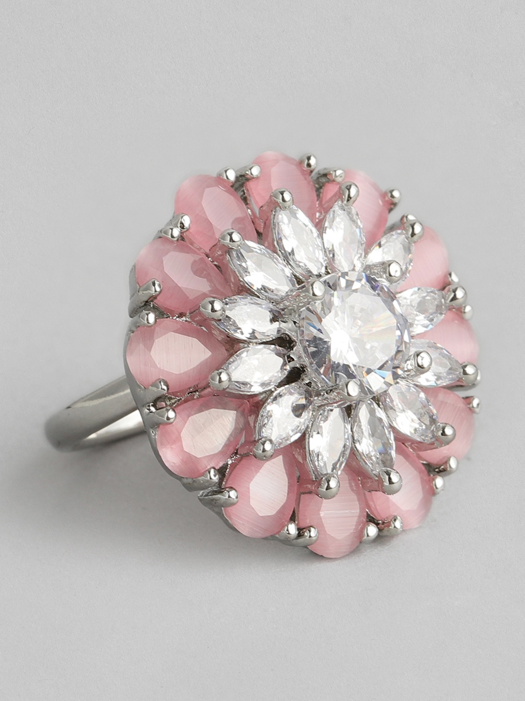 

justpeachy Silver-Toned & Pink Rhodium-Plated Embellished Finger Ring
