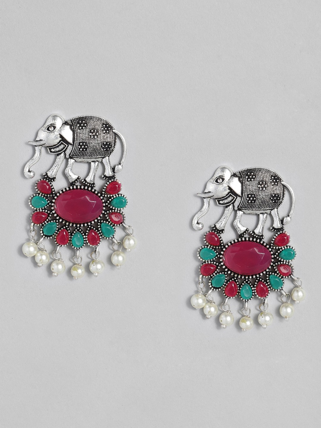 

justpeachy Maroon & Teal Green Silver-Plated Oxidised Elephant Design Oval Drop Earrings
