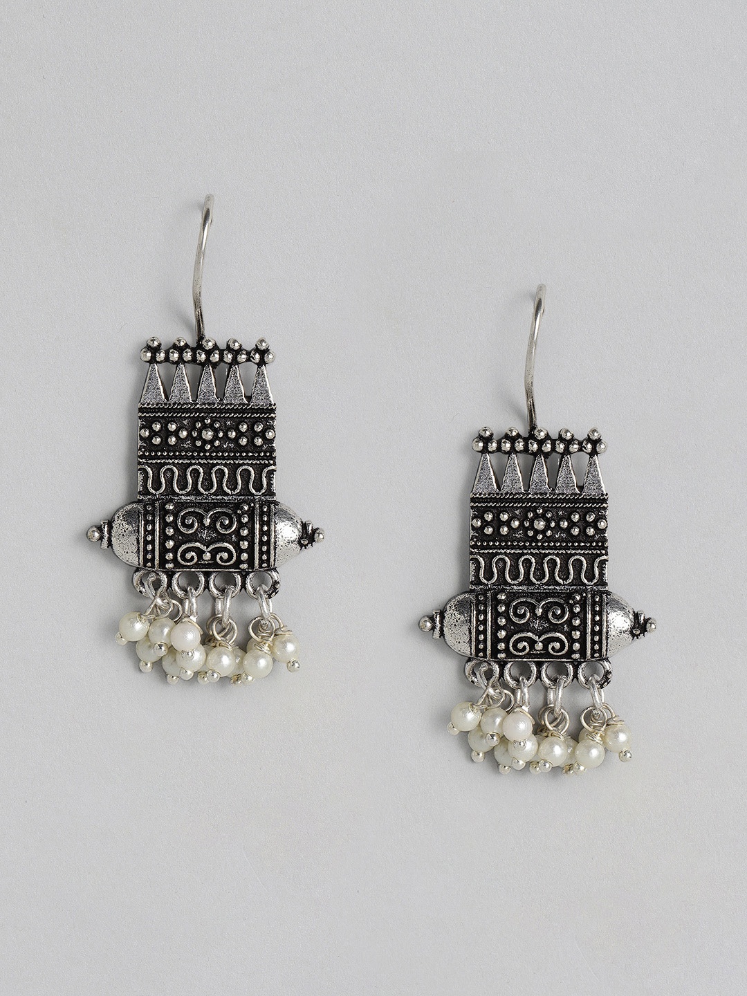 

justpeachy Silver-Plated Oxidised Beaded Geometric Drop Earrings