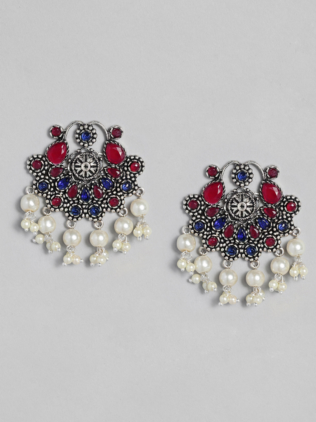 

justpeachy Maroon & Blue Silver-Plated Oxidised Geometric Drop Earrings