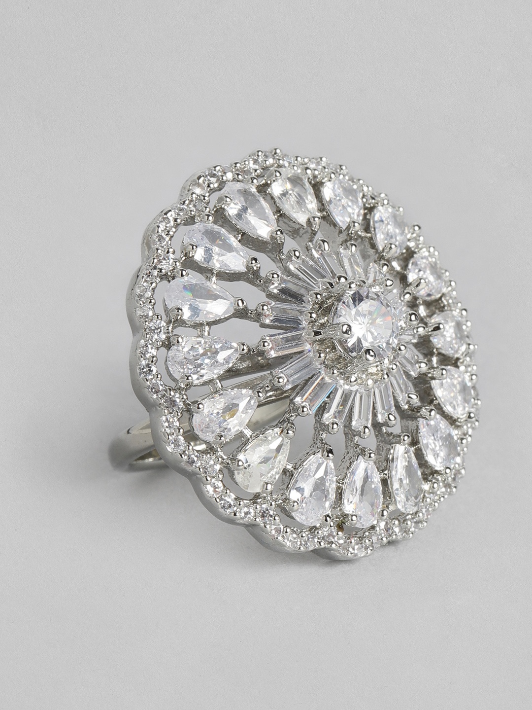 

justpeachy Silver-Toned Rhodium-Plated Embellished AD Studded Finger Ring