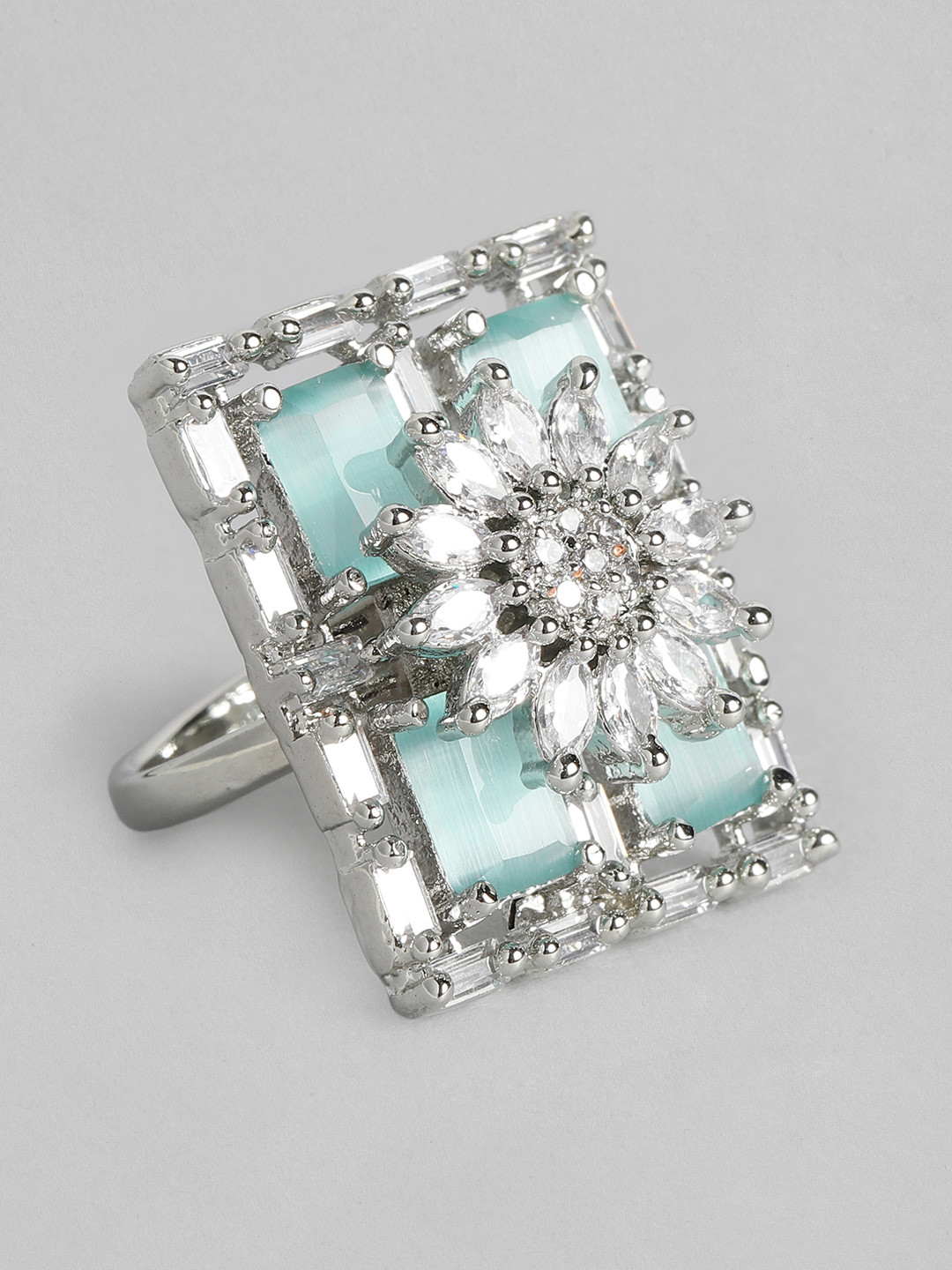 

justpeachy Silver-Toned & Blue Rhodium-Plated Embellished Finger Ring