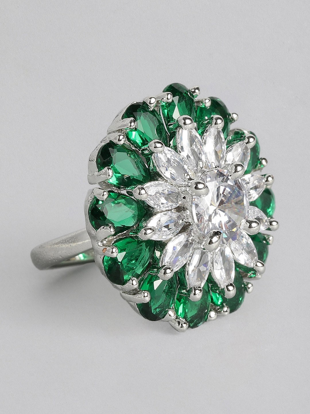 

justpeachy Green & Silver-Toned Rhodium-Plated AD Studded Adjustable Finger Ring