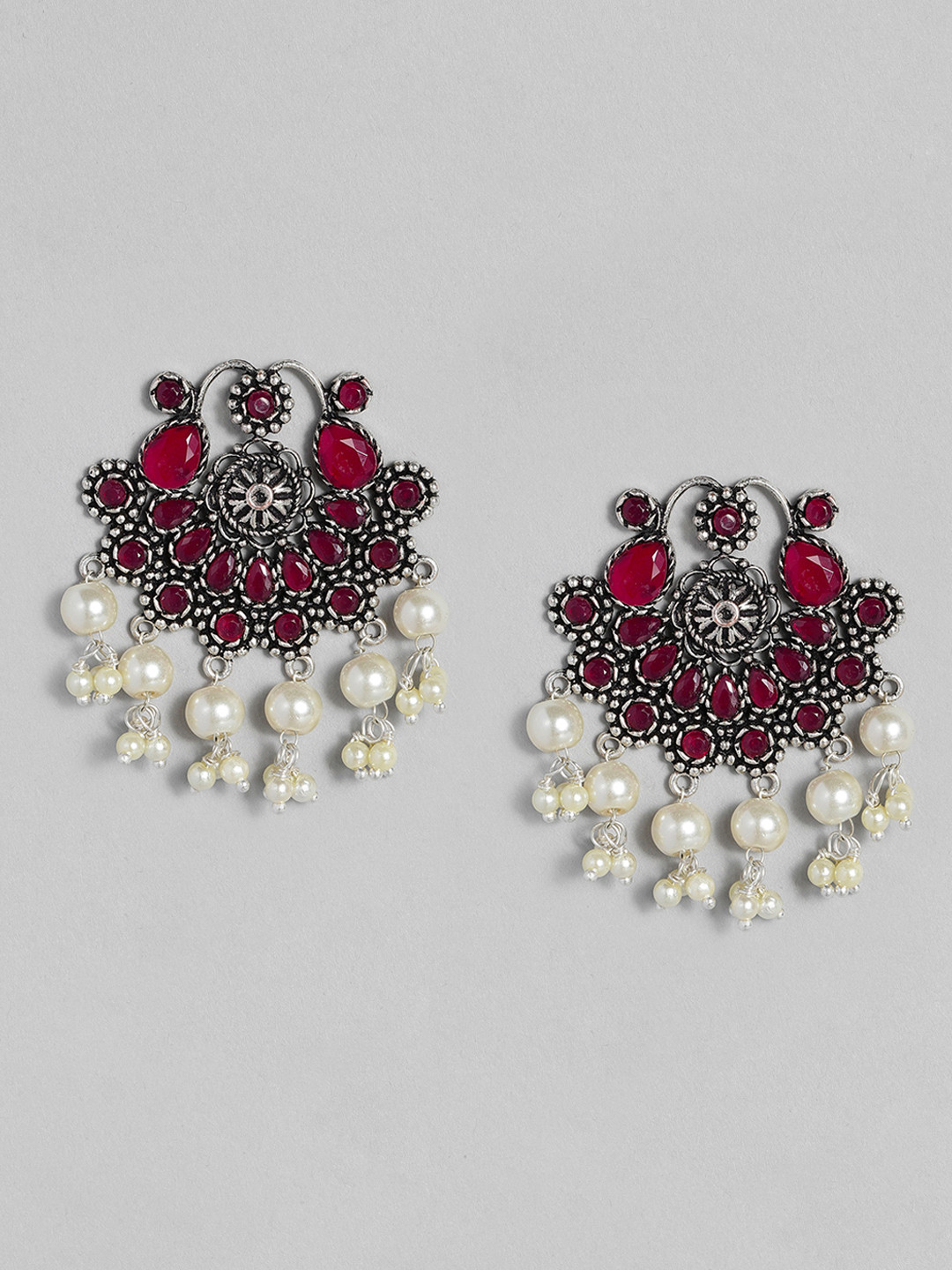 

justpeachy Red Silver-Plated Oxidised Geometric Drop Earrings