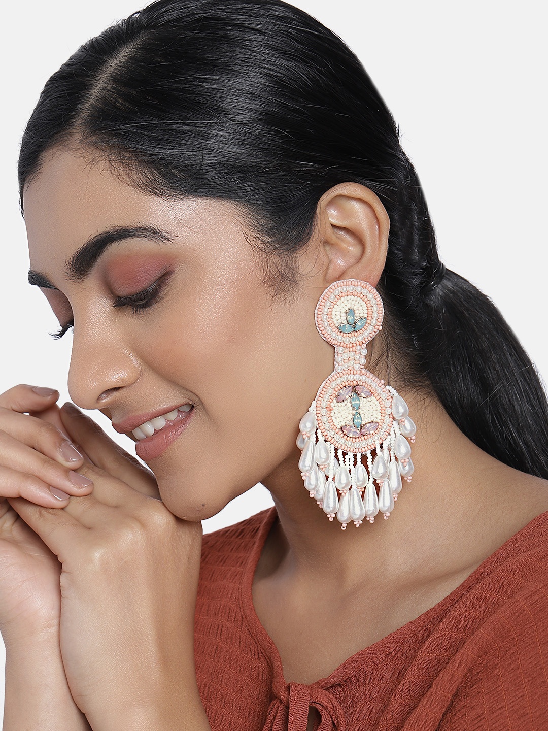 

justpeachy White & Peach-Coloured Circular Handcrafted Drop Earrings