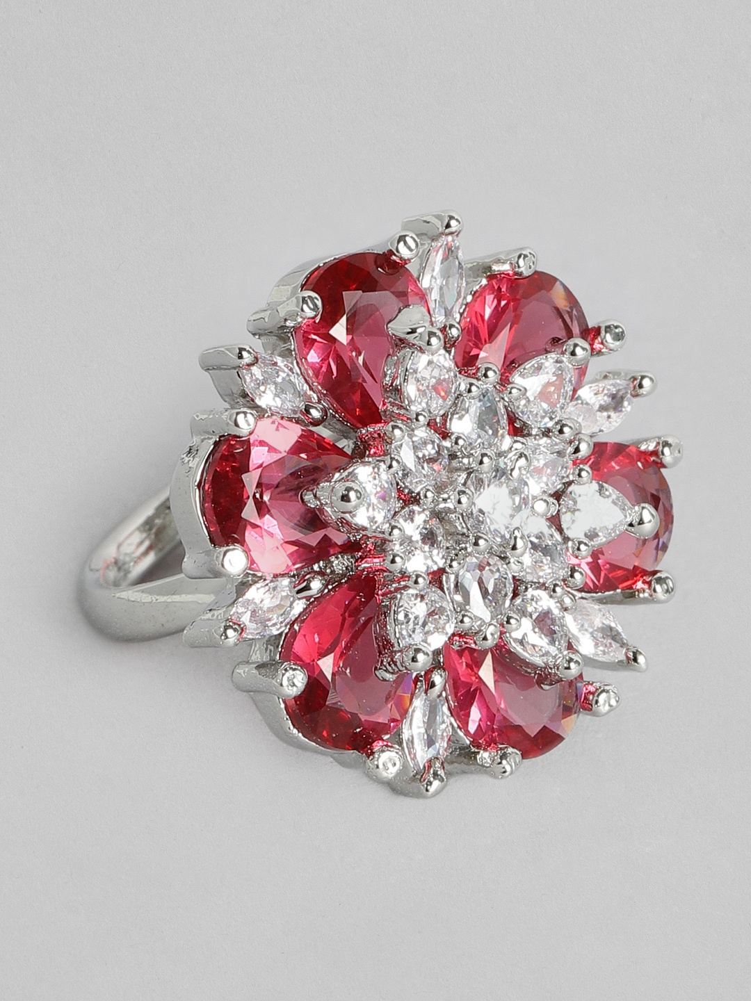 

justpeachy Red & Silver-Toned Rhodium-Plated AD Studded Floral Adjustable Finger Ring