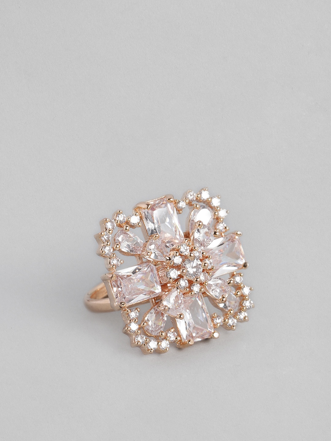 

justpeachy White Gold Plated Stone Studded Square Shape Finger Ring